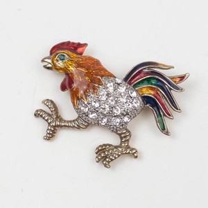 Enamel and Rhinestone Rooster Brooch Pin