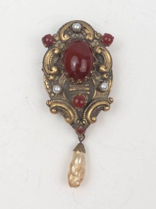 Vintage MARS West Germany Ornate Red Cabochon Brooch