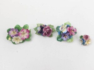 Crown Staffordshire & Cara China Floral Porcelain Brooches (Lot of 4)