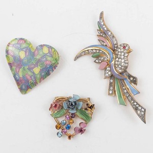 Vintage Rhinestone Bird, Floral & Millefiori Heart Brooches (Lot of 3)