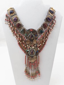 Ornate Multicolor Bib Necklace With Coin Accents and Dangling Beads