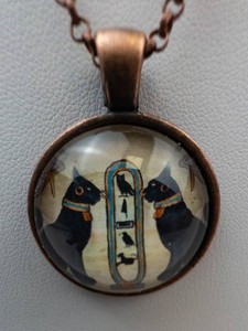 Egyptian Black Cat Raven Owl Charm Pendant - 20 in Copper Necklace