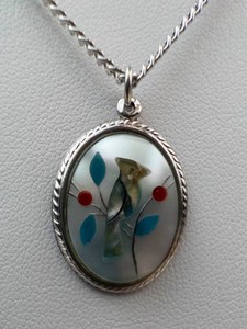 Silver-Tone Oval Floral Inlay Pendant Necklace