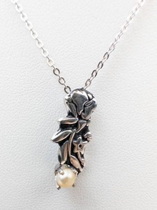 Floral Steel Pendant Necklace With Pearl Drop