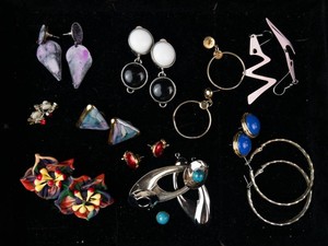 Mixed Lot Costume Jewelry Earrings, Hoops & Silver-Tone Brooch