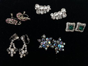Mixed Costume Jewelry Group of 5 - Rhinestone Earrings, Pins & Clips