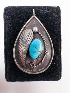 2 Native Sterling Silver Turquoise Leaf and Rope Pendant