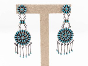 Vintage Zuni Sterling Silver Turquoise Double-Drop Fringe Earrings