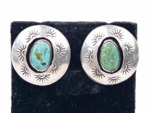 JL Signed Navajo Large Sterling Silver Turquoise Stud Earrings