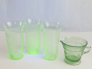 Uranium Depression Glass Floral Etched 4-Piece Set
