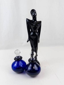 Art Glass Figurine & 2 Cobalt Blue Perfume Bottles