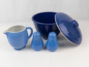 Fiesta Ware Blue Bowl, Hall Pitcher, & Salt & Pepper Shakers Mixed Lot
