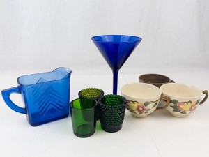 Johnson Brothers Peach Bloom Teacups, Cobalt Glass Pitcher & Candle Holders Mixed Lot
