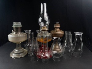 Antique Oil Lamp Assortment With Glass Chimneys