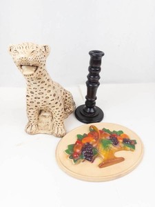 Chalkware Leopard, Fruit Basket Plaque & Wooden Candlestick Mixed Lot