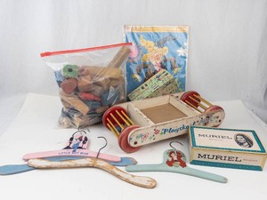 Vintage Playskool Wooden Toy Wagon & Assorted Toys Mixed Lot