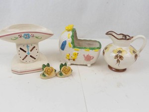 Vintage Ceramic Planter Mixed Lot - Baby Scale, Cradle, Pitcher & Roses