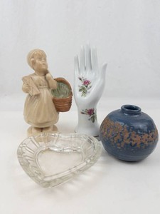 Mixed Lot Chalkware Girl, Porcelain Hand, Pottery Vase & Glass Dish