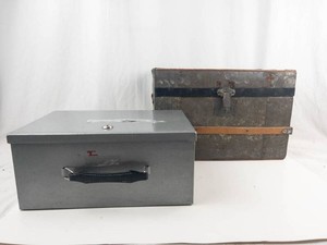 Wooden Trunk & Gray Metal Lock Box Mixed Lot