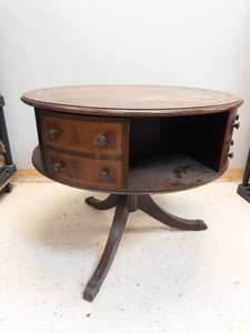 Vintage Regency-Style Drum Table Tooled Leather Top Burl Mahogany