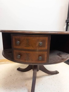 Vintage Regency-Style Drum Table Tooled Leather Top Burl Mahogany