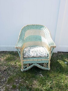 Vintage Bar Harbor Style Wicker Armchair With Floral Cushion