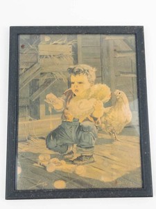 Vintage Framed Child and Chicken Print