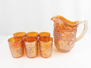Vintage Imperial Carnival Glass Pitcher & 6 Glasses Grape Pattern (Lot of 7)