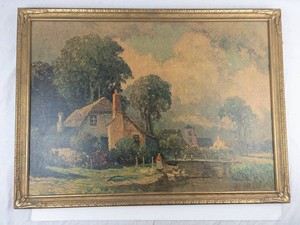 Rudolph Weber Cottage on Pond Framed Lithograph Sunshine and Shadows