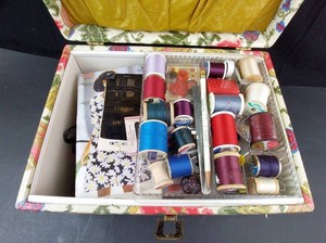 Floral Needlepoint Sewing Box With Thread & Notions