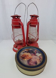 Red Kerosene Lanterns & Old-World Cookies Tin Mixed Lot