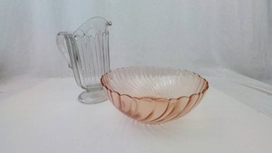 Clear Glass Pitcher & Pink Pressed-Glass Bowl Mixed Lot