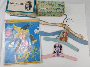 Vintage Childrens Collectibles Mixed Lot - 2 Boxes, Farm Puzzle & 4 Hangers