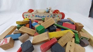 Vintage Playskool Wooden Toy Wagon, Blocks Mixed Lot