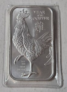 1 Troy Oz.  .999 fine silver bar featuring the Year of the Rooster. - Sealed