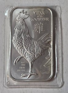 1 Troy Oz.  .999 fine silver bar featuring the Year of the Rooster. - Sealed