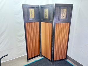 Antique Wood and Cloth Folding 3 Panel Room DividerPrivacy Screen