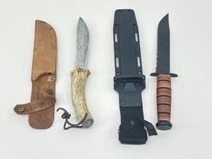 NEW K-Bar USMC Fixed Blade Fighting Knife, and a Vintage Stag Horn Fixed Blade Knife