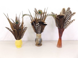 Lot of 3 Vintage Vases Full of Peacock etc. Feathers