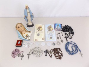Lot of Misc Catholic Christian Statuettes, Rosaries, Charms, etc.