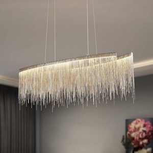 LED Tassel Chrome Chain Chandelier, Modern Aluminum Linear Pendant Light Rectangle Suspension Lighting Fixture for Dining Room Kitchen Island L47 x W9 x H14