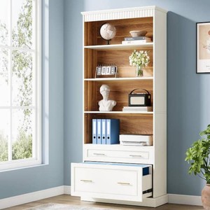 Atencio 2-Drawer White Wood 31 in. W Vertical File Cabinet Bookshelf with 5-Tier Storage for Letter Size, Printer Stand