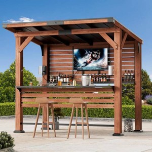 OUTDOOR LIVING SPACES Ultra Series 6.5 ft. x 8 ft. Cedar Wood Entertainment Bar Center, Wooden Gazebo Grill Pavilion with Shelves