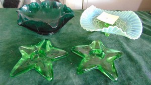 Green Opalescent Bowl, Green Bowl and Green Votive Star Holder