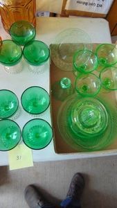 Green Depression Glass (Glows) and 50s Forest Green Sherbert Glasses