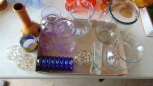 Assorted Vases and Glass Flower Frogs, Some Light Purple Pieces