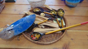 Wicker Tray, Wood Utensils and Metal Bug Art