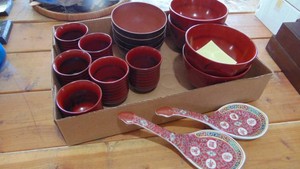 Wood and Wood Fiber cups and Bowls with 2 Ceramic Spoon Rests