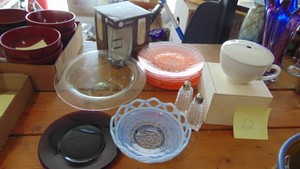 Assorted Glassware and Pink Plates