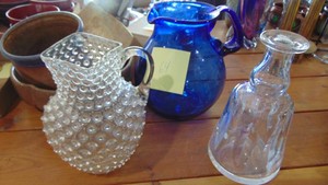 2-Water Pitcher and Glass Decanter, Signed, Missing Top